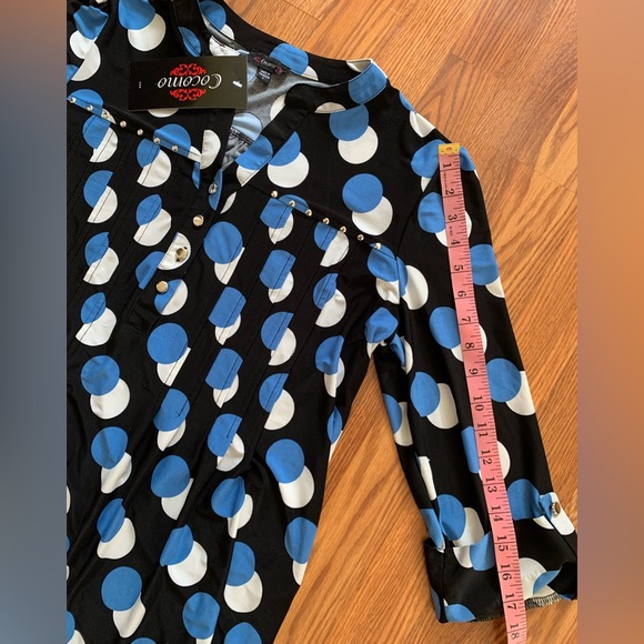 COCOMO Large Black blue white 3/4 sleeve studded women's Pintuck Blouse shirt - Picture 14 of 16